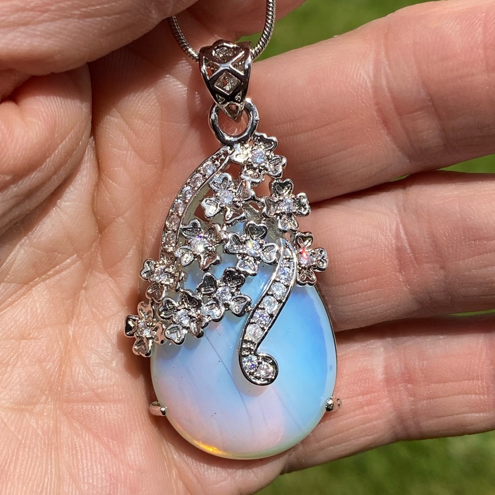 Tear drop Shaped Rainbow Fire Moonstone Gemstone with Silver Necklace Pendant